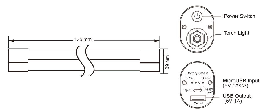 dimension of E600 powerbank tube light